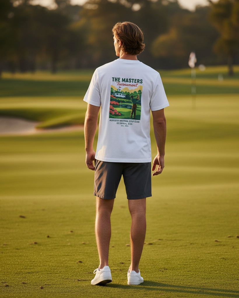 Man standing on a golf course wearing a 'The Masters' t-shirt.
