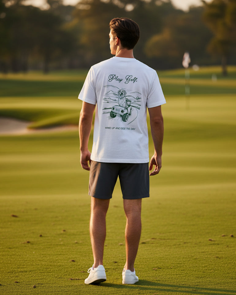 Man standing on a golf course wearing a white t-shirt with a graphic design.