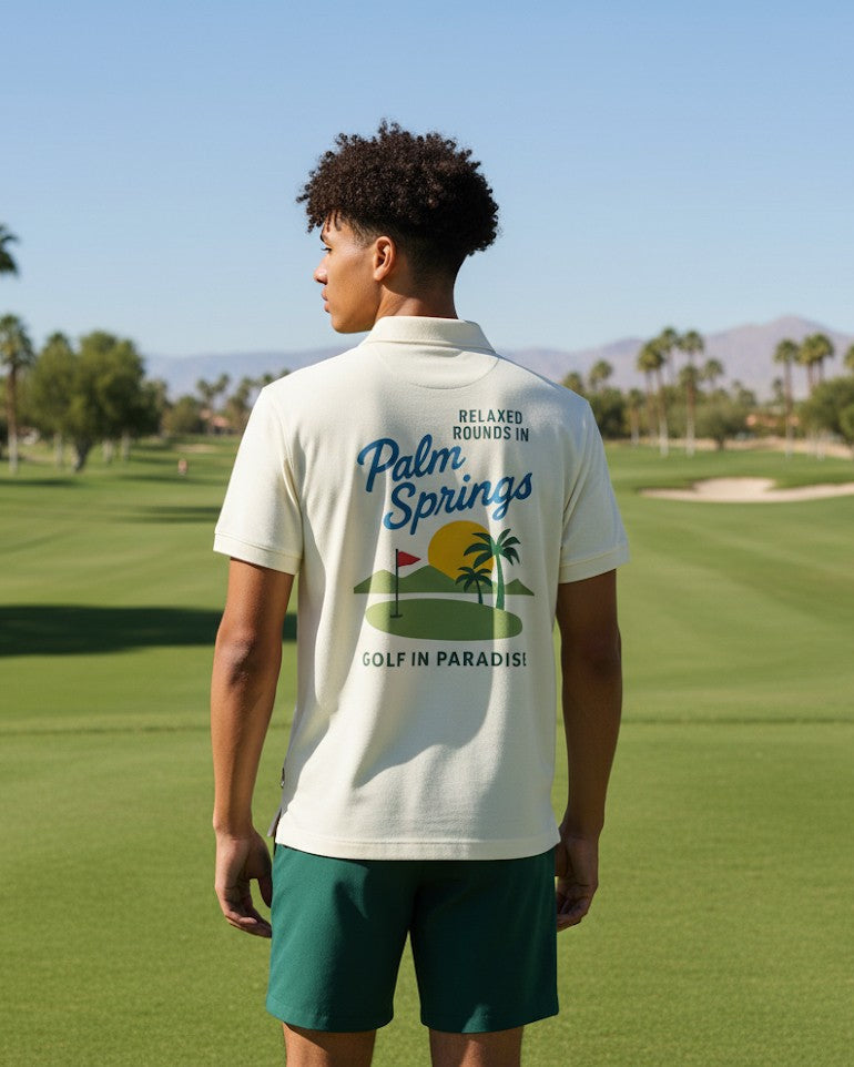 Person wearing a 'Palm Springs' themed shirt on a golf course